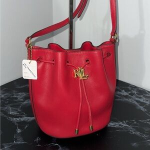 LAUREN RALPH LAUREN Andie Medium Leather Red Drawstring Bag AUTHENTIC NEW